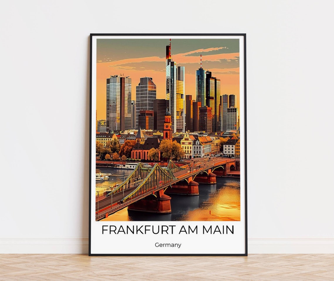 Frankfurt am Main Germany Skyline Sunset River Bridge Poster