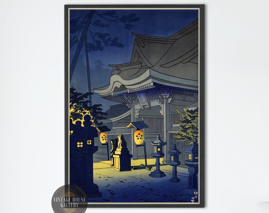 Glowing Lanterns Outside Night Temple Under Indigo Sky Poster
