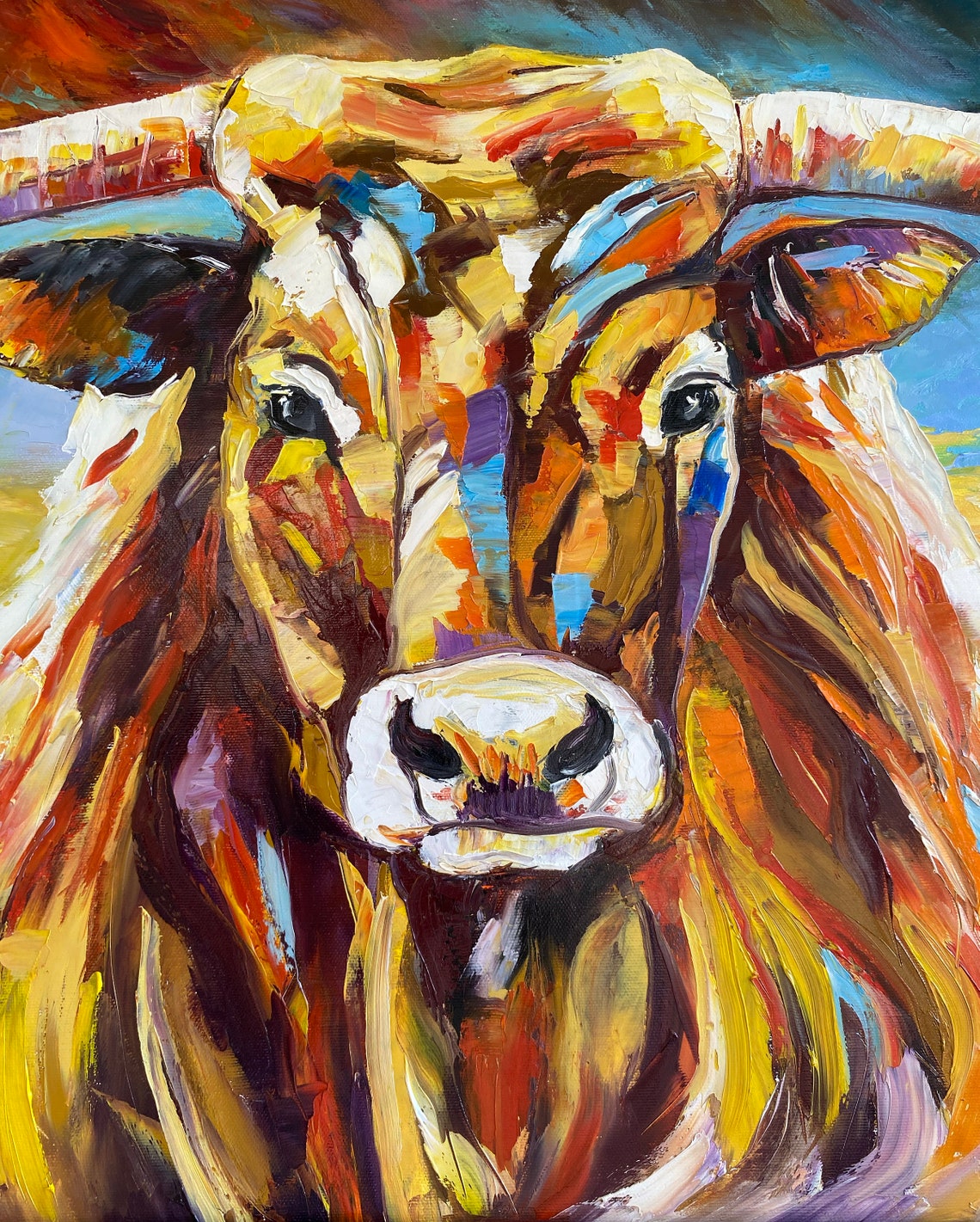 Longhorn Painting Original Texas Longhorn Art Abstract Bull Painting Colorful Longhorn Wall Art Texas Oil Painting Cow Painting On - Image 3