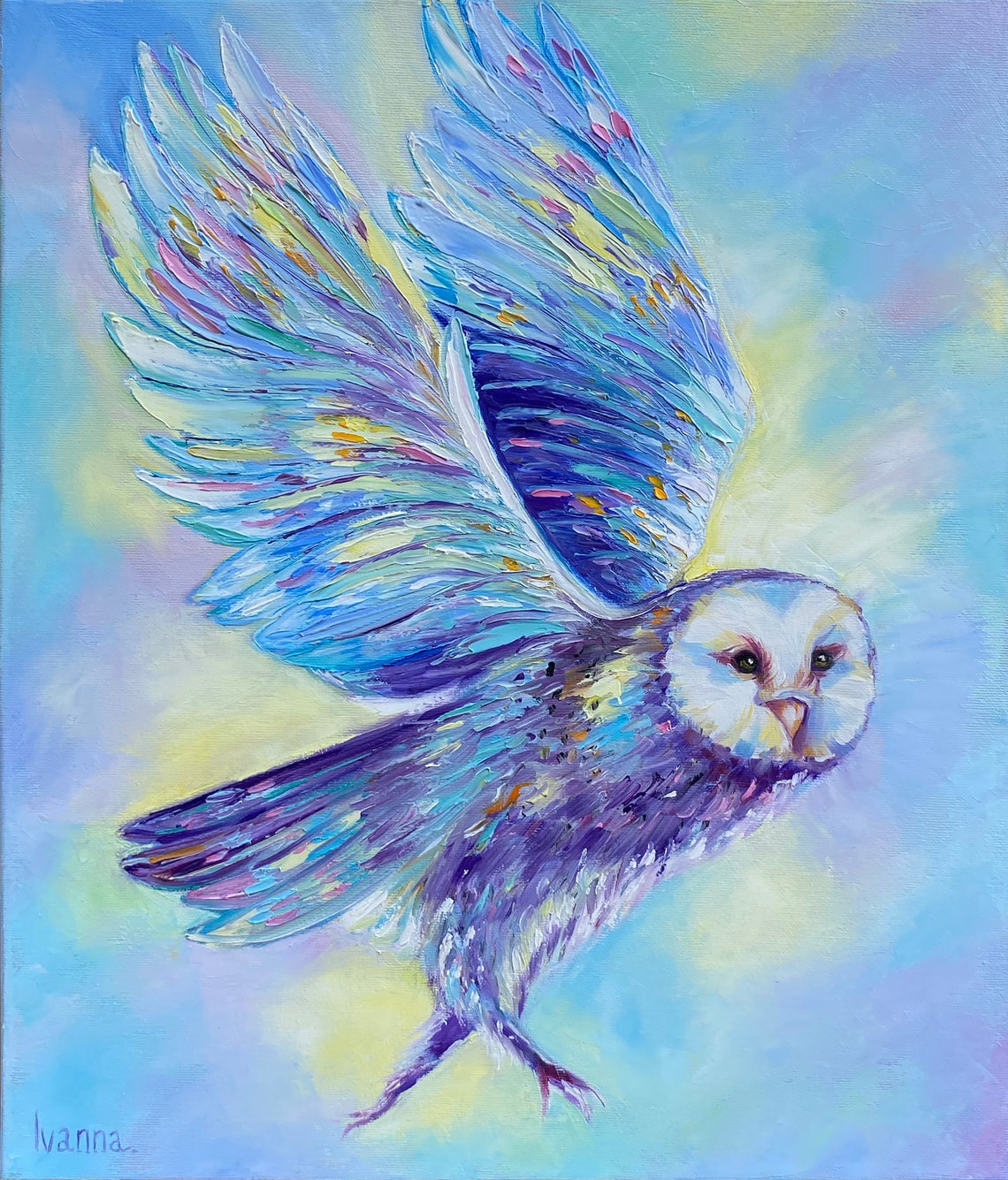 Flying Barn Owl Pastel Blue Purple Wings Wildlife Bird Art Poster - Image 3