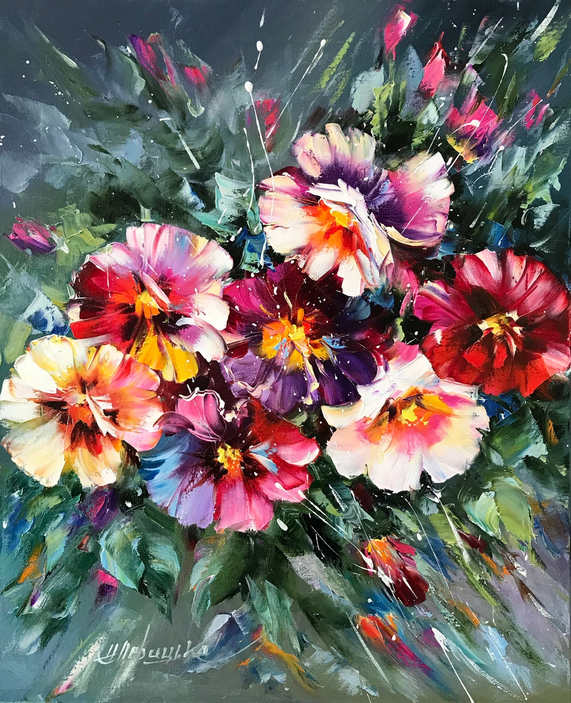 Pansies Painting Original Pansies Art Impasto Painting On Purple Flowers Art Spring Flowers Oil Painting Purple Green Floral Wall Art - Image 3