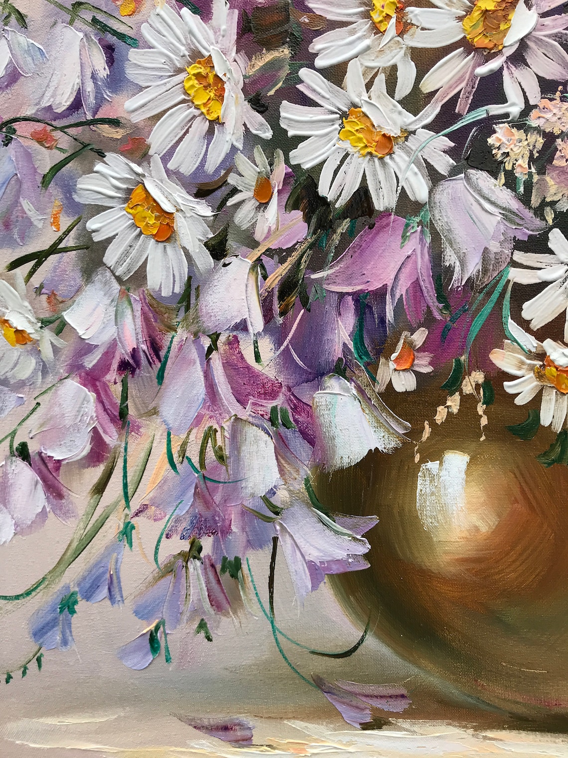 Purple Flowers Oil Painting, Daisies and Bluebells Art Print - Image 2