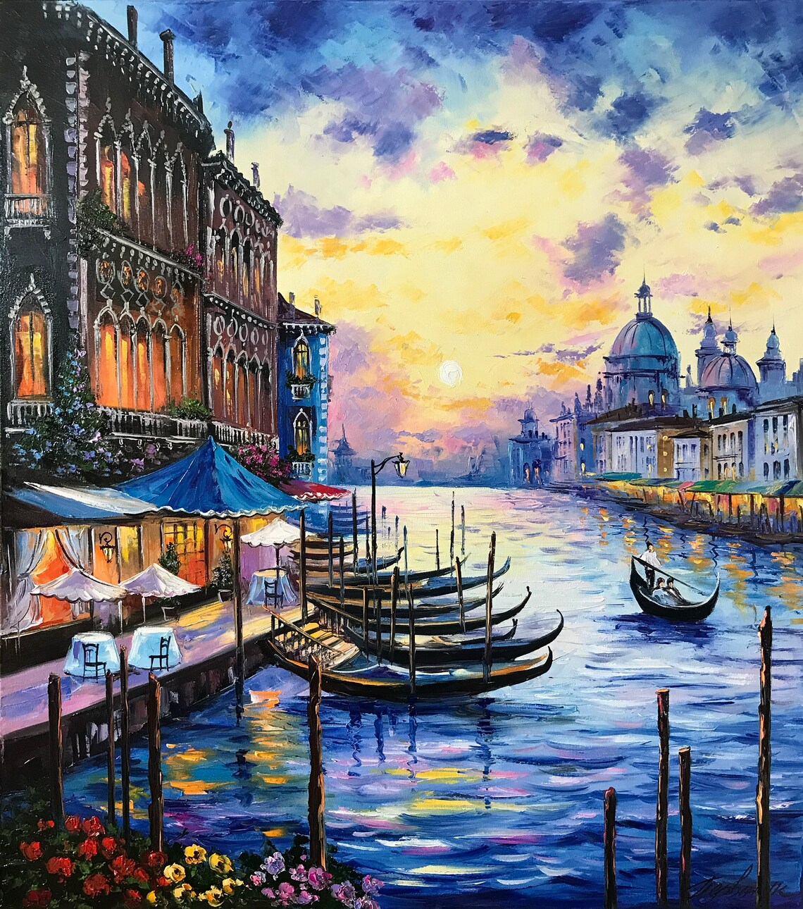 Venice Italy Grand Canal Gondolas Sunset Oil Painting Wall Art Poster