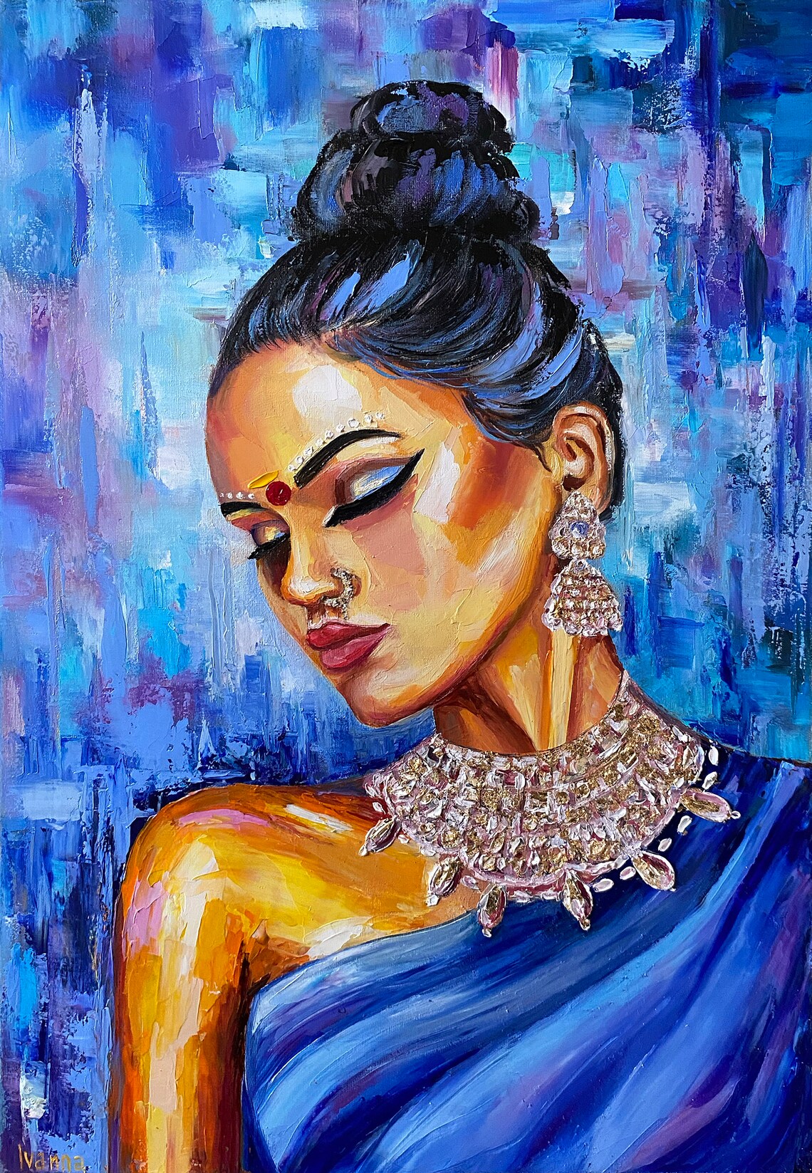 Indian Woman In Blue Sari Silver Jewelry Ethnic Portrait Painting - Image 3