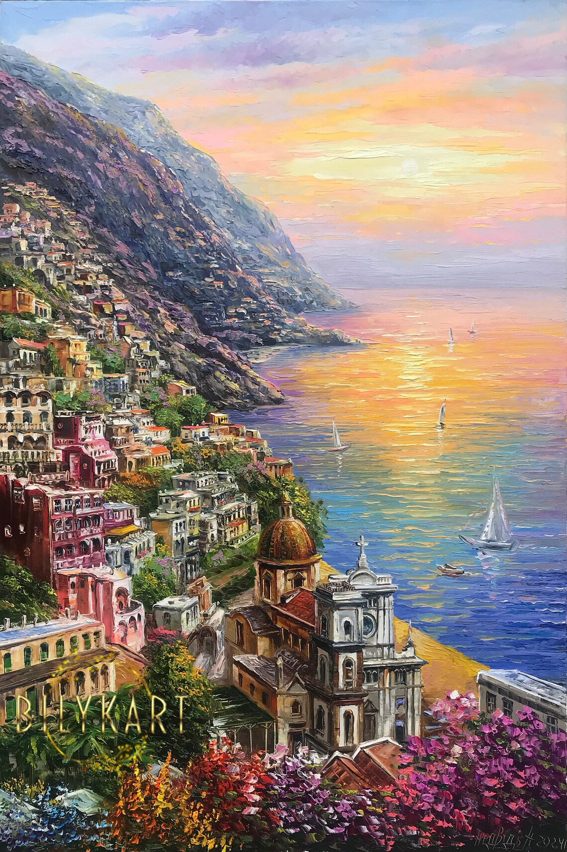 Positano, Italy Amalfi Coast Oil Painting Art Print - Image 3