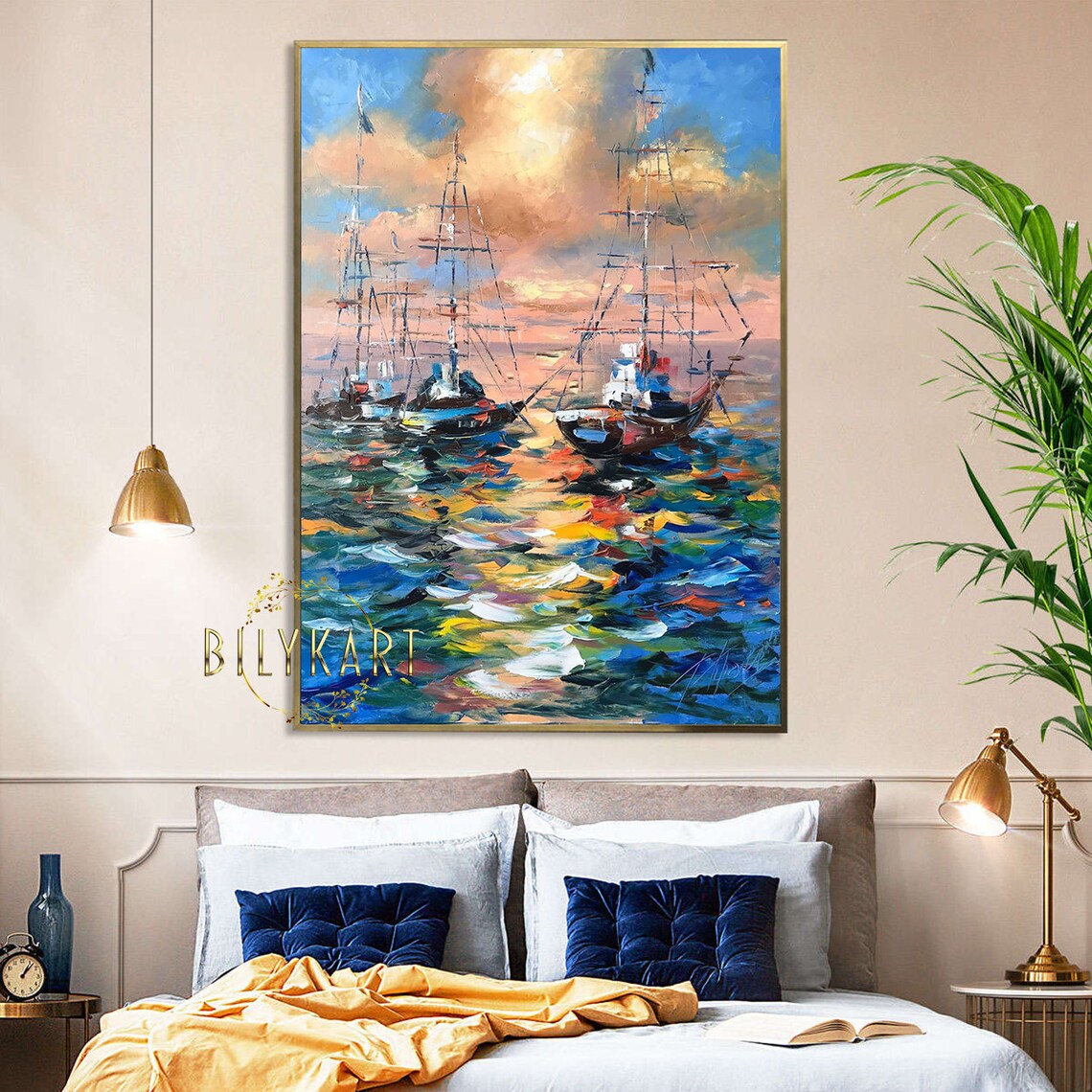 Large Boat At Sunset Oil Painting Original Colorful Seascape Paintings On Sailboat Framed Art Large Abstract Yacht Paintings For Sale - Image 3