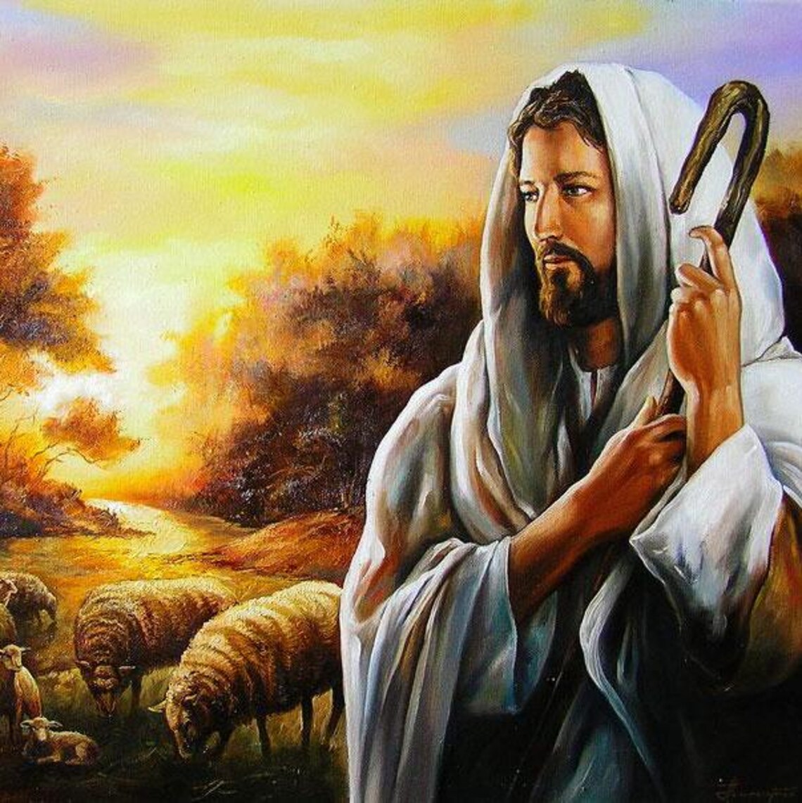 Jesus Good Shepherd Sheep Sunset Meadow Biblical Scene Faith Poster - Image 3