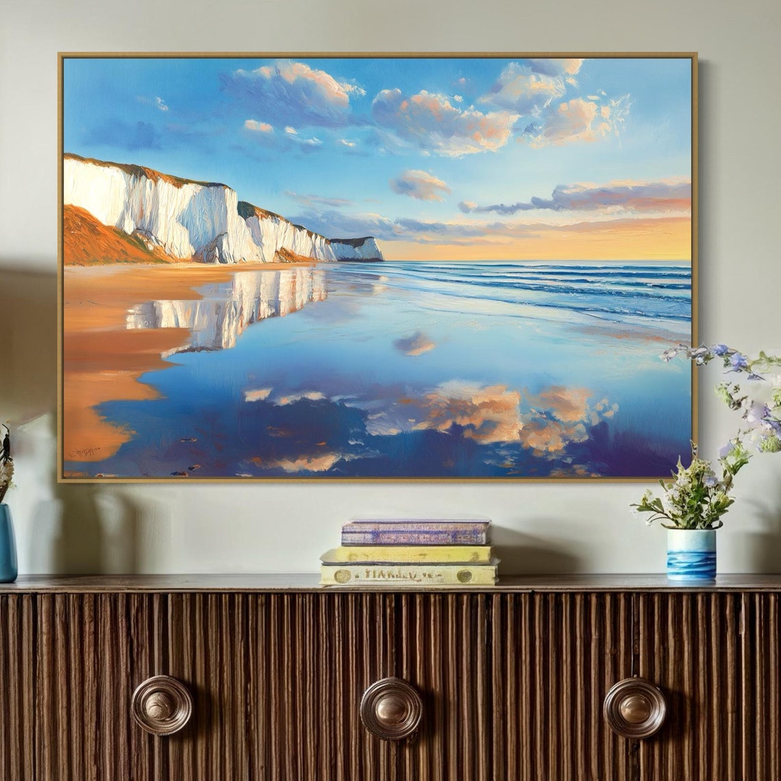 Beach Sunset White Cliffs Calm Blue Water Coastal Seascape Poster