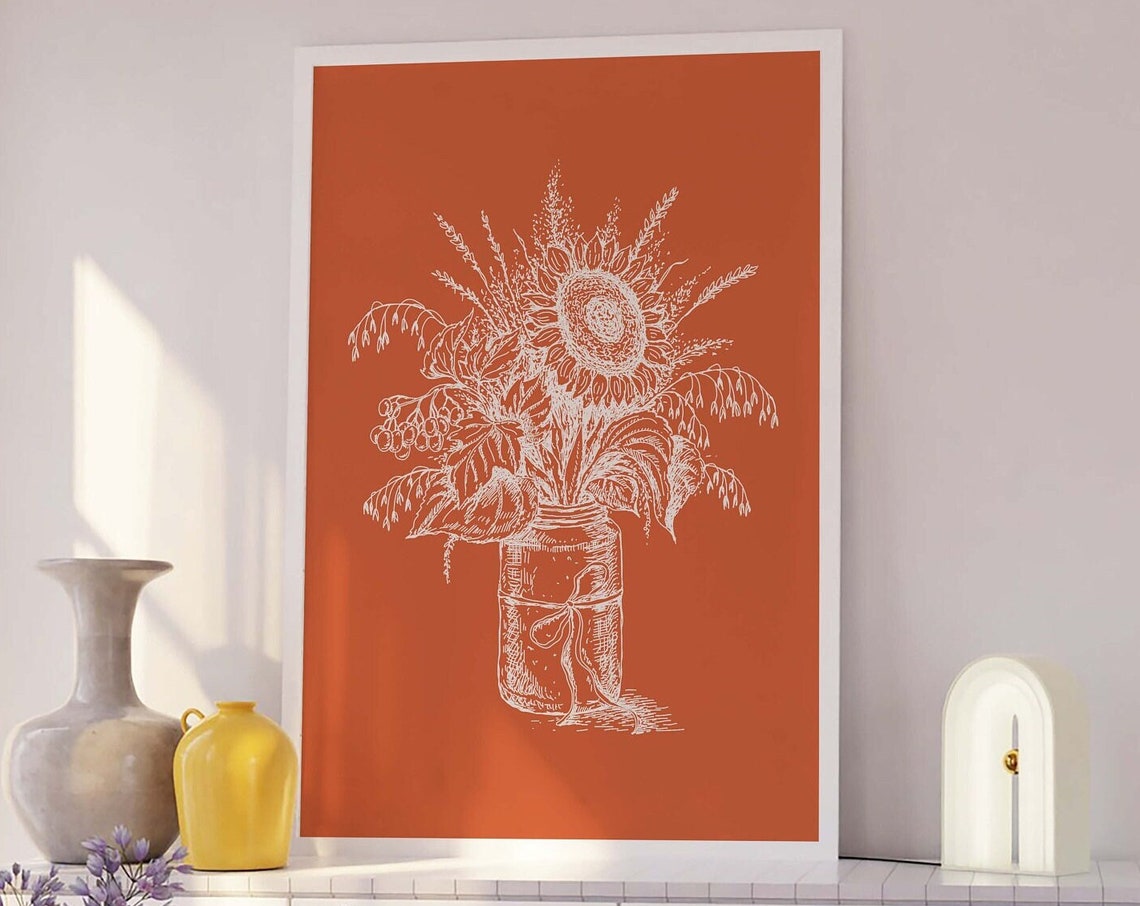 Fall Flowers Print Art Cute Fall Bouquet Wall Print Cozy Autumn Art Print Autumn Art Decor