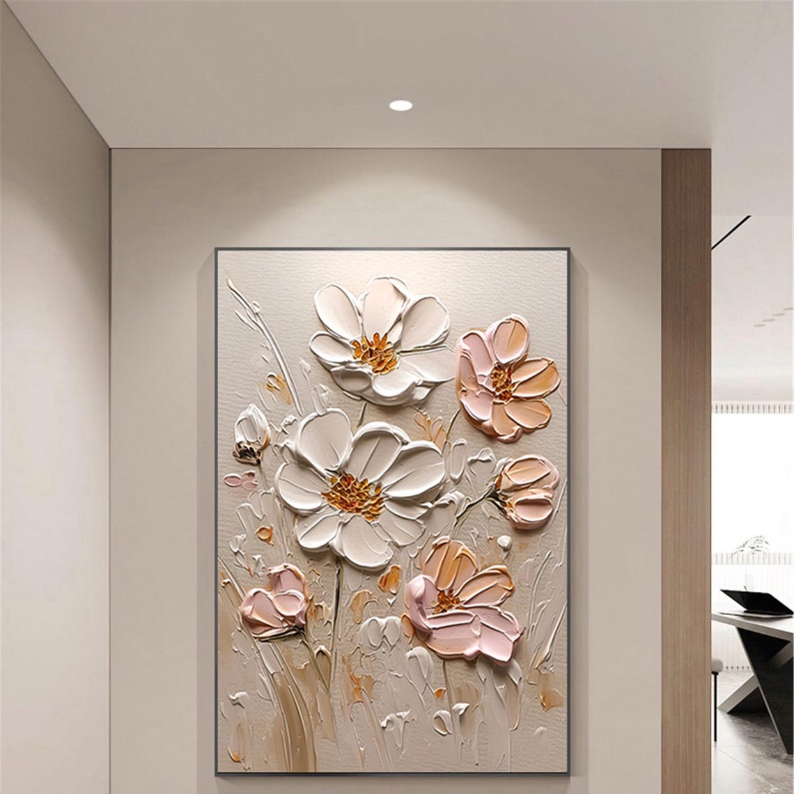 White Pink Blossom Neutral Gray 3D Textured Floral Painting Poster