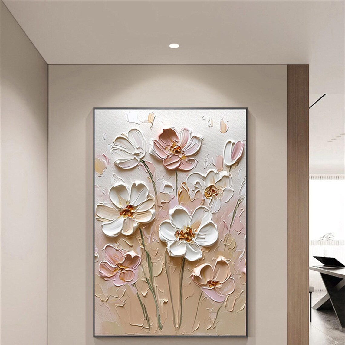 White Pink Bloom Neutral Beige 3D Textured Floral Painting Poster