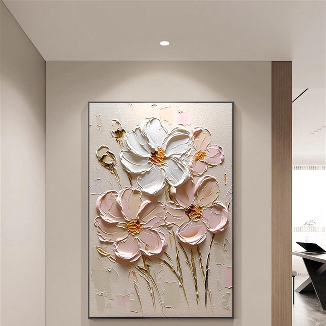 White Peach Bloom Tall Stems 3D Textured Floral Painting Poster