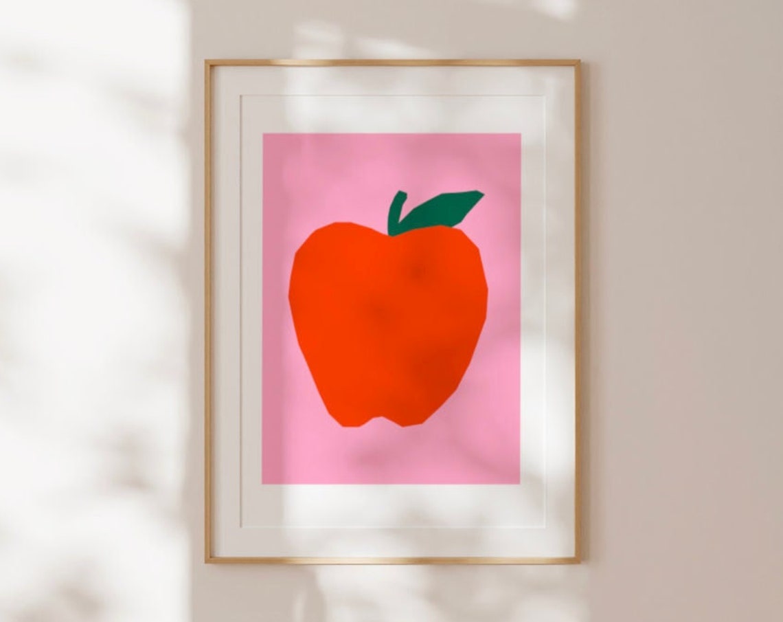 Poppy Apple Art Print Wall Art Trendy Decor Abstract Painting Kitchen Instant Classroom Pink Red Fruit