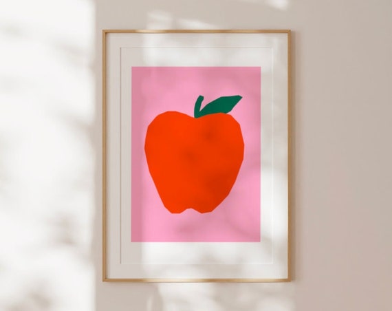 Poppy Apple Art Print Wall Art Trendy Decor Abstract Painting Kitchen Instant Classroom Pink Red Fruit
