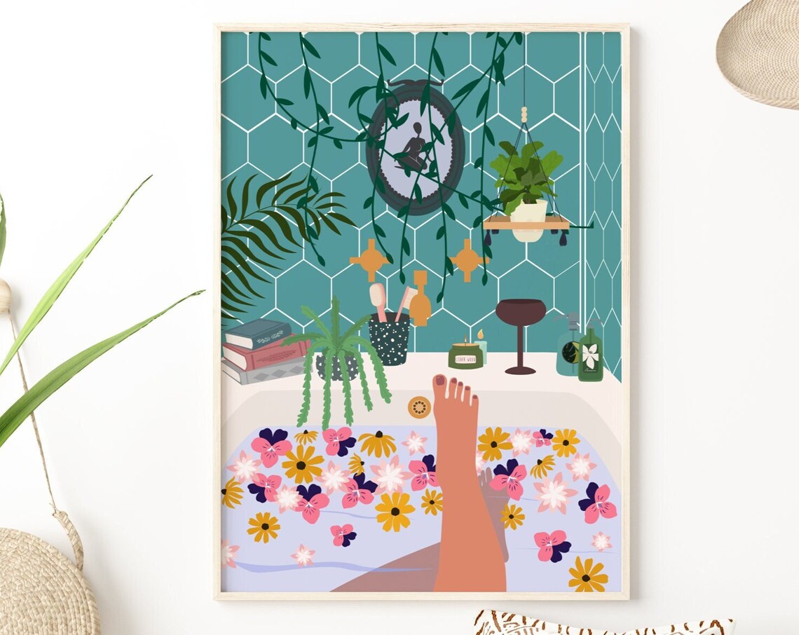 Bathroom Illustration Print, Boho Modern Art Print
