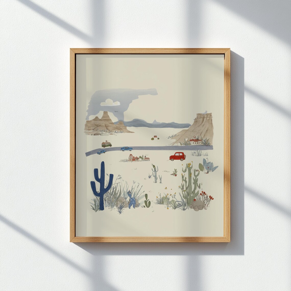 Desert Road Trip Cactus Red Car Southwest Watercolor Travel Poster