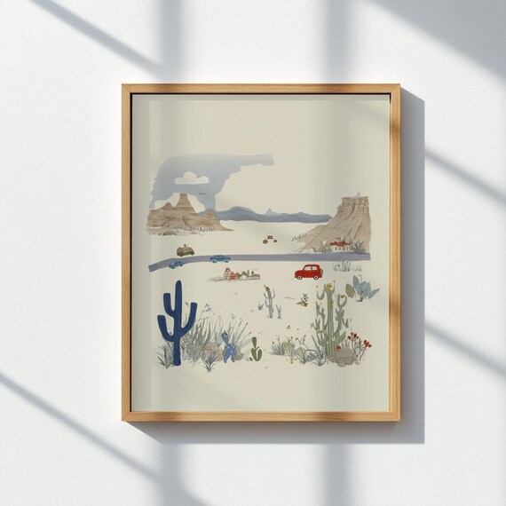 Desert Road Trip Cactus Red Car Southwest Watercolor Travel Poster