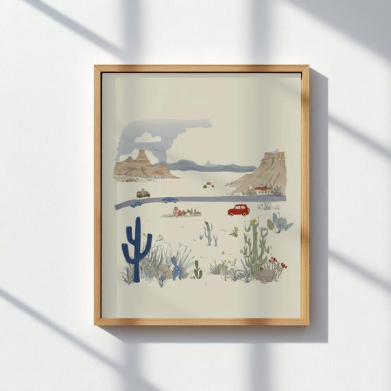 Desert Road Trip Kids Wall Art Western Landscape Nursery Poster Cactus Cars Scenic Artwork For