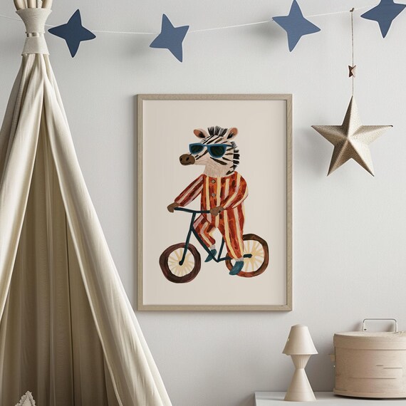 Zebra On Bike Nursery Art Print, Jungle Theme