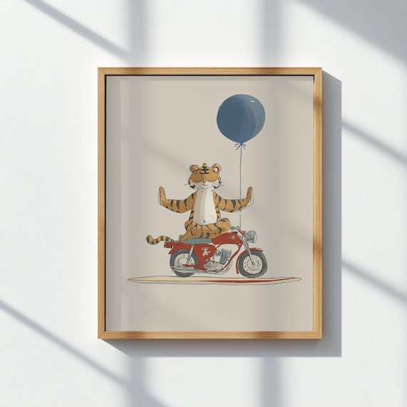 Zen Tiger Meditation Motorbike Balloon Whimsical Kids Room Poster