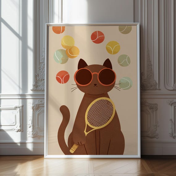 Cool Cat Tennis Wall Art Funny With Sunglasses Racket Kids Room Decor Nursery Sports Instant