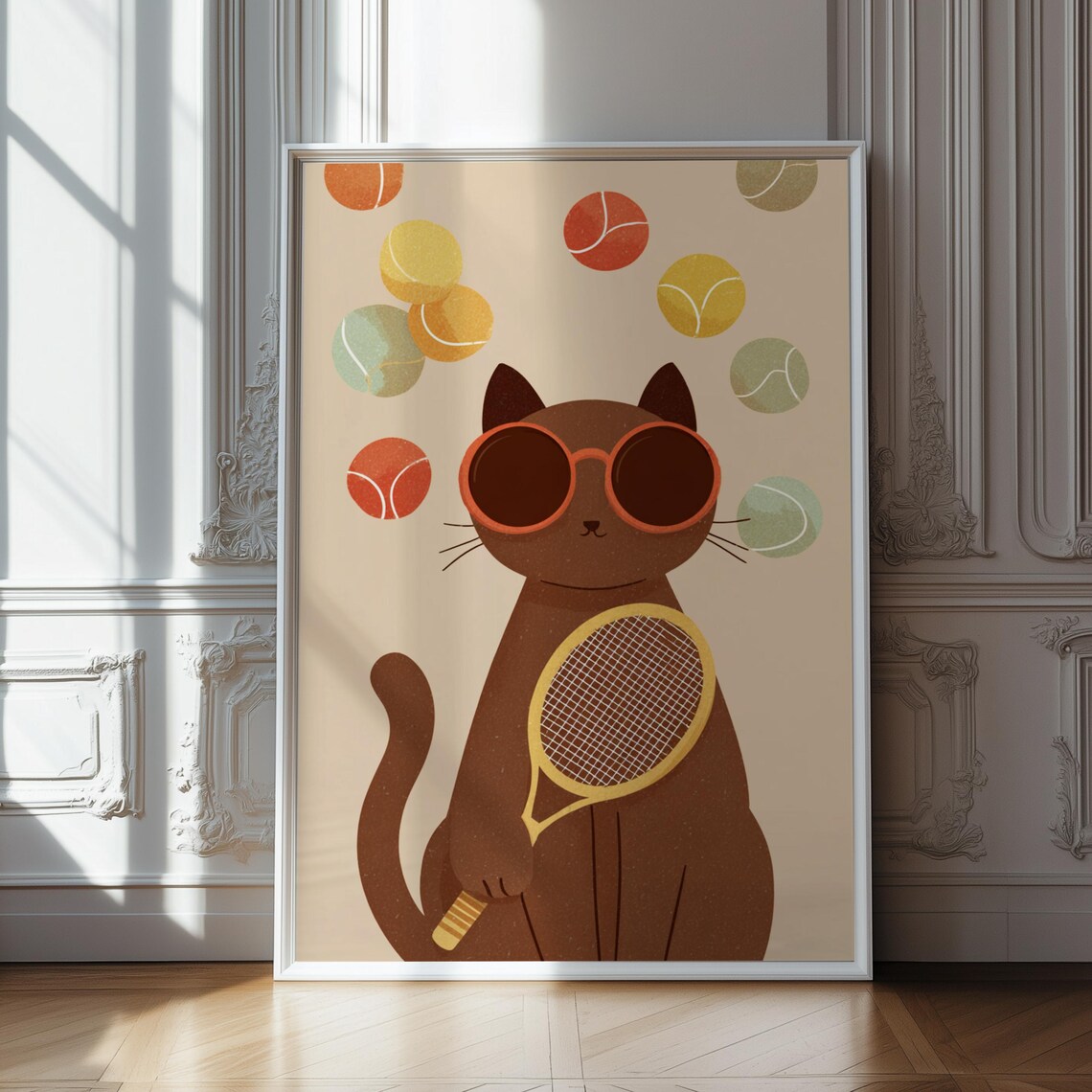 Cool Cat Tennis Sunglasses Racket Whimsical Kids Room Sports Poster
