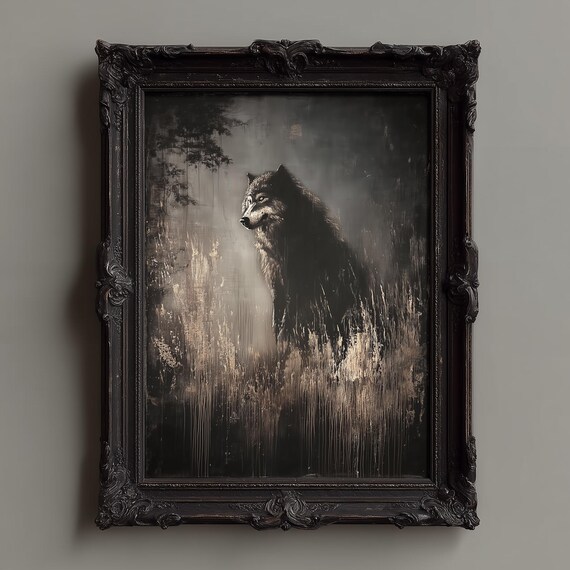 Dark Werewolf Standing in a Misty Forest Gothic Oil Painting Poster
