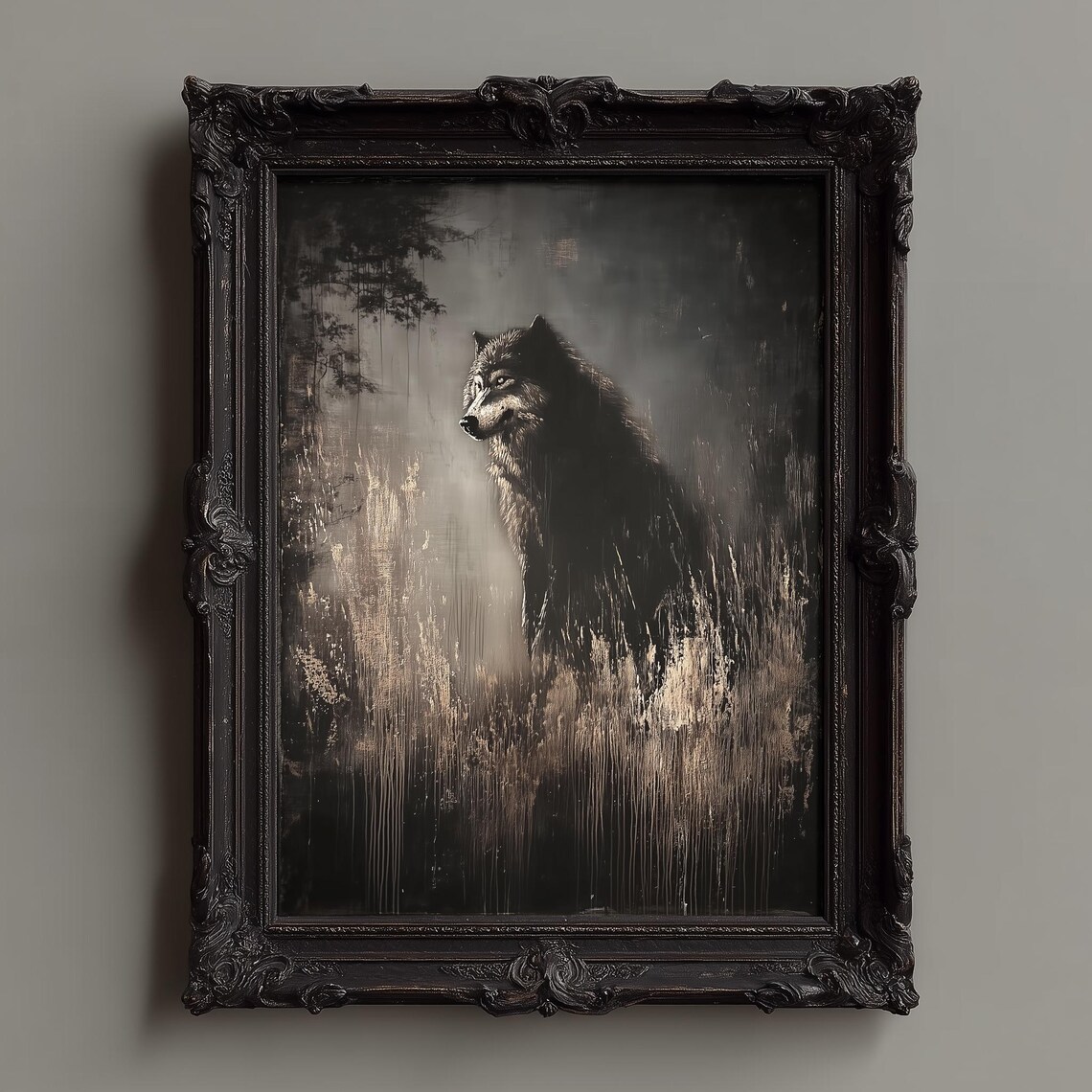 Dark Werewolf Standing in a Misty Forest Gothic Oil Painting Poster