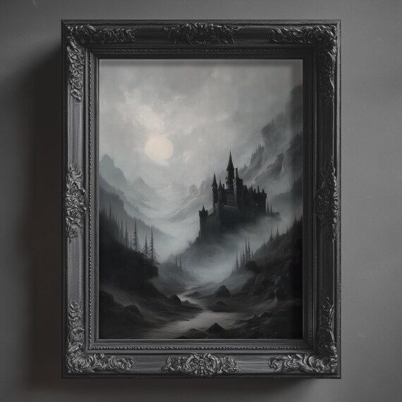 Dark Gothic Castle Misty Mountains Moody Monochrome Oil Art Poster