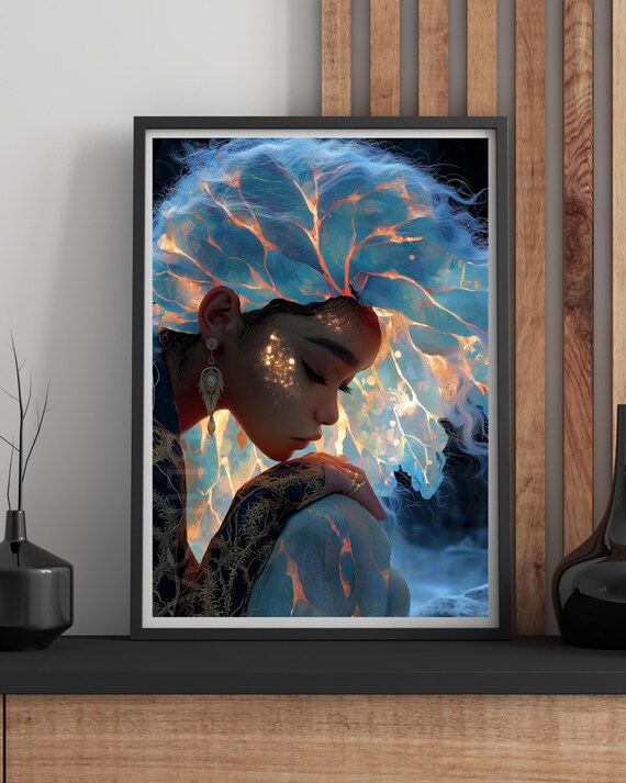 Dreaming Girl Glowing Starry Veil Deep Blue Night Sky Art Print