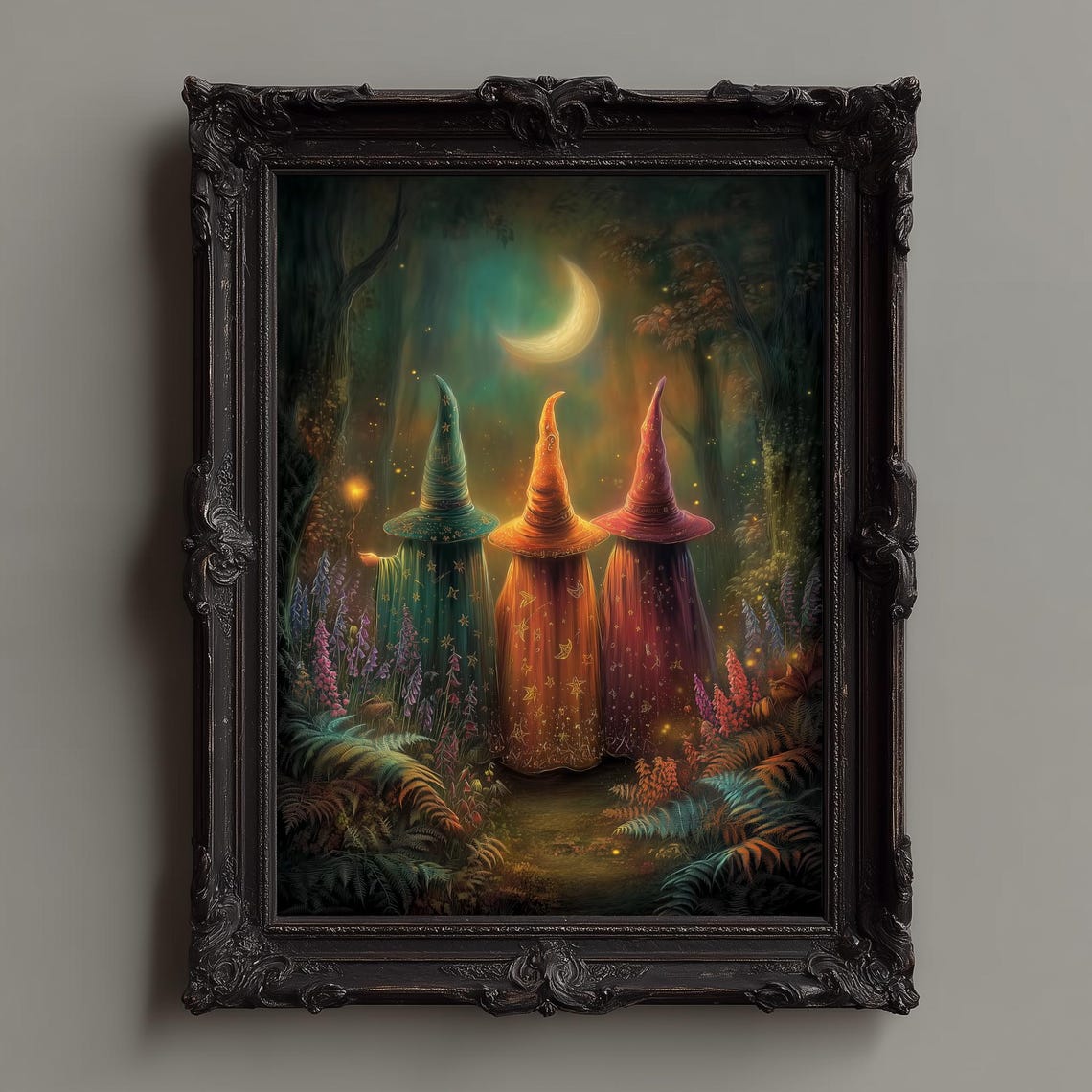 Three Witches Under a Crescent Moon with Lantern Magic Poster