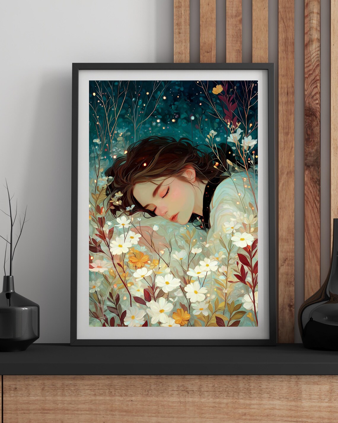 Sleeping Girl Among White Daisies Dreamy Night Garden Poster