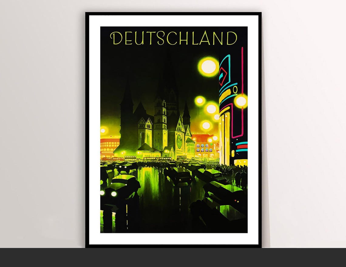 Deutschland Germany Vintage Night City Travel Poster Neon Lights