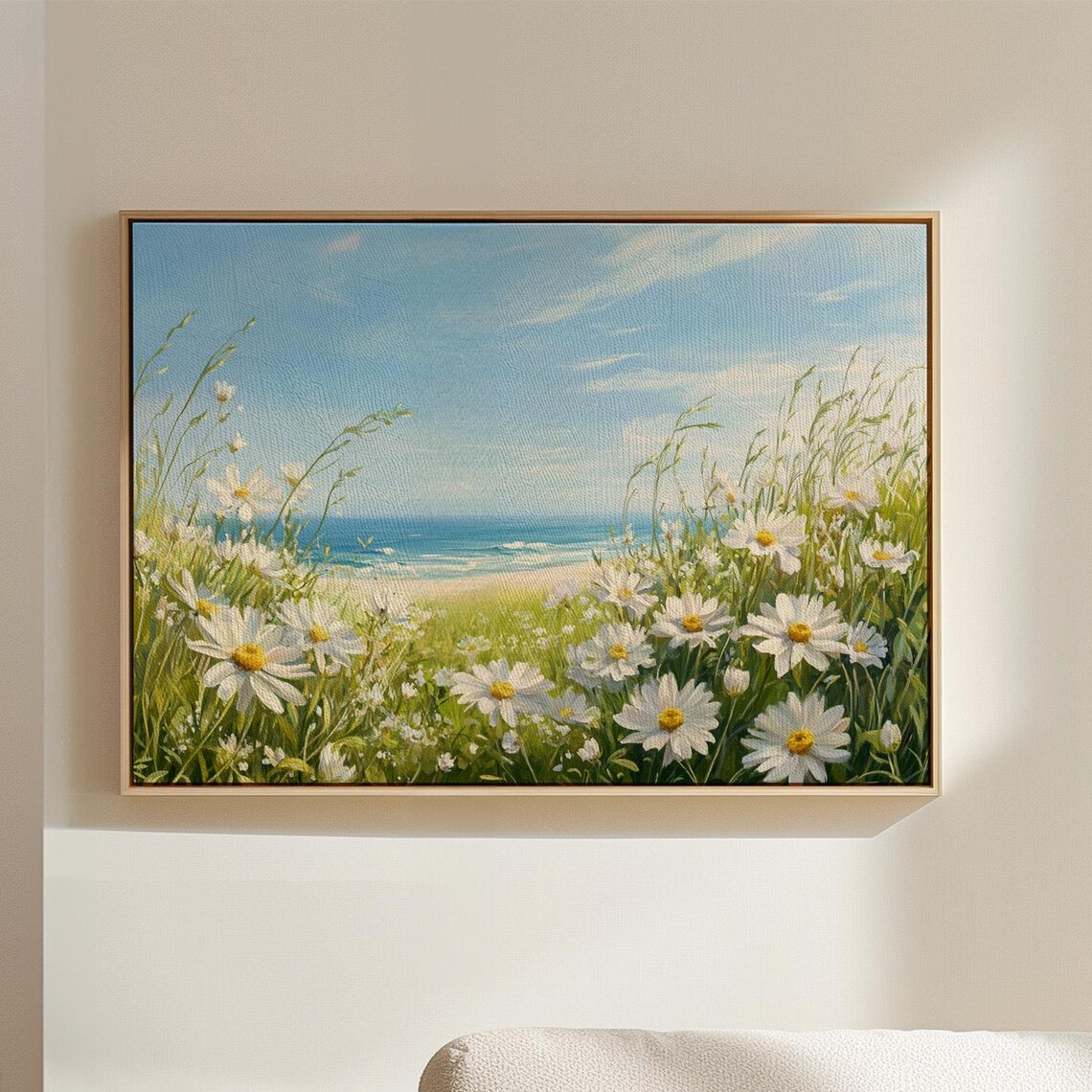 Coastal Daisy Meadow Ocean Blue Sky Serene Floral Landscape Poster
