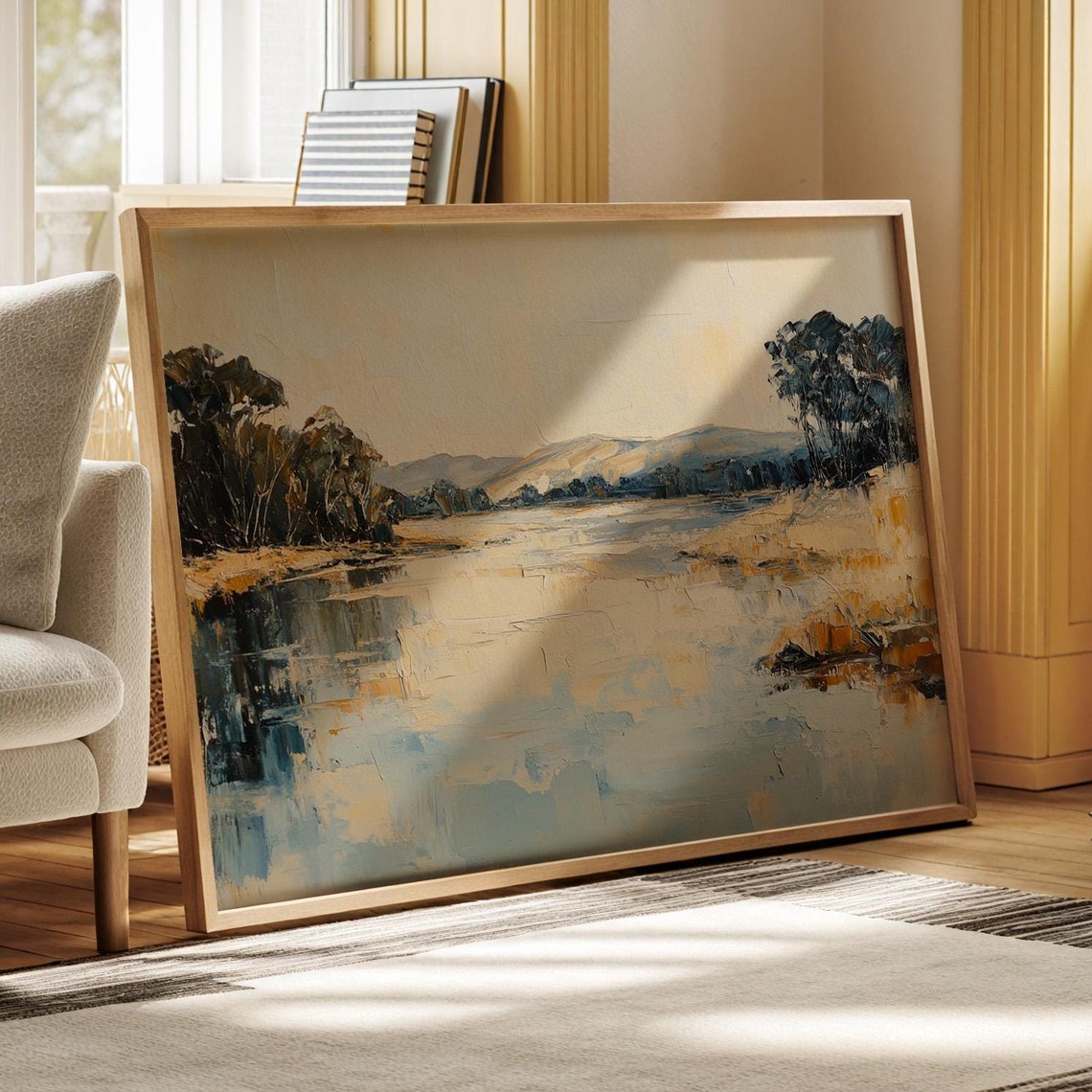 Muted River Landscape In Warm And Cool Tones Serene Water Art Print