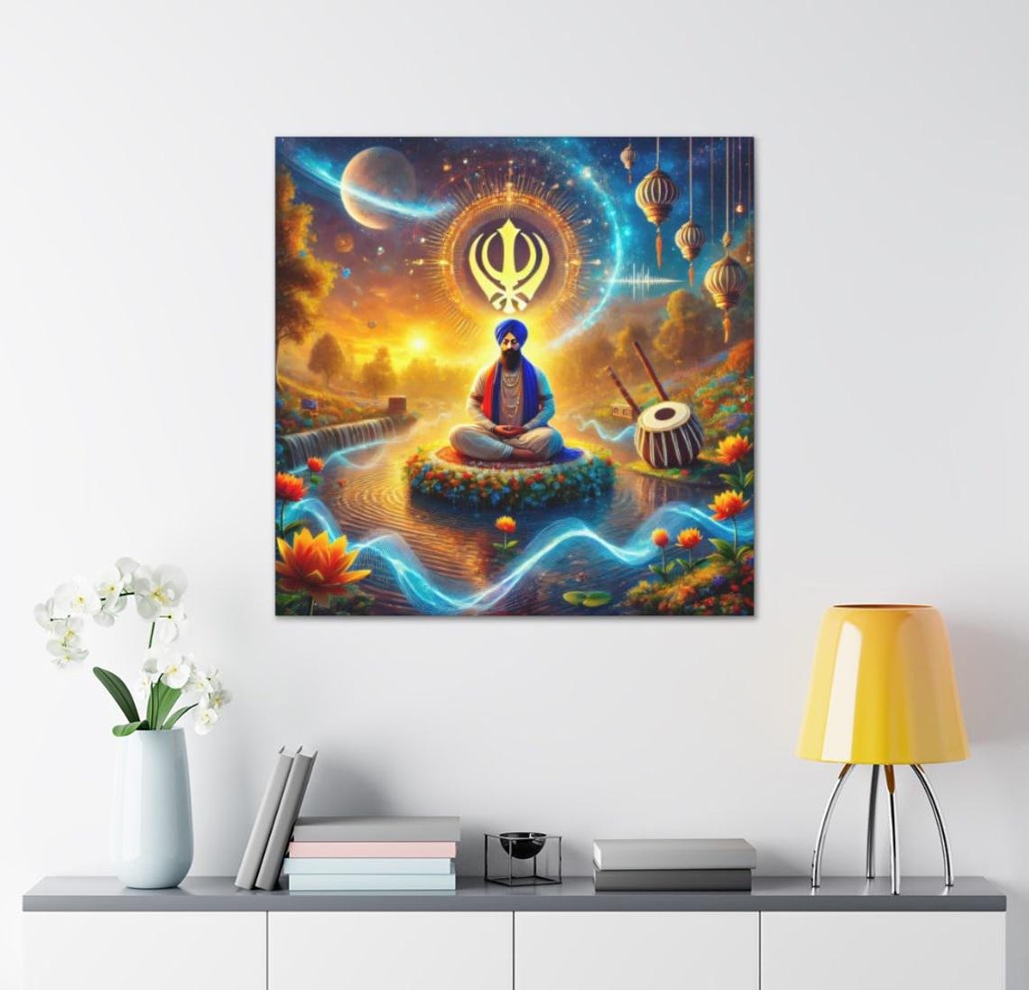 Meditating Sikh on a Flower Island beneath a Glowing Khanda Art Poster - Image 2
