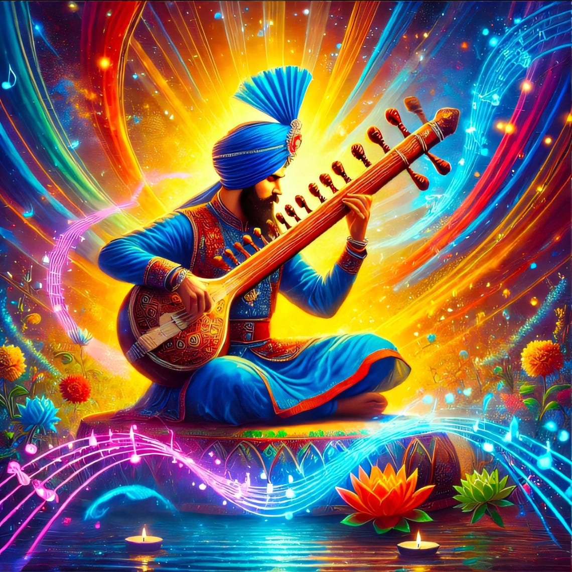 Vibrant Sikh Sitar Player Art 4k Resolution Spiritual Indian Music Wall Art