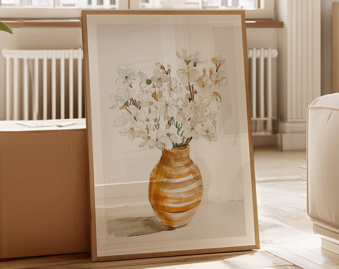 Watercolor White Wildflowers In An Amber Vase On Neutral Tones Print