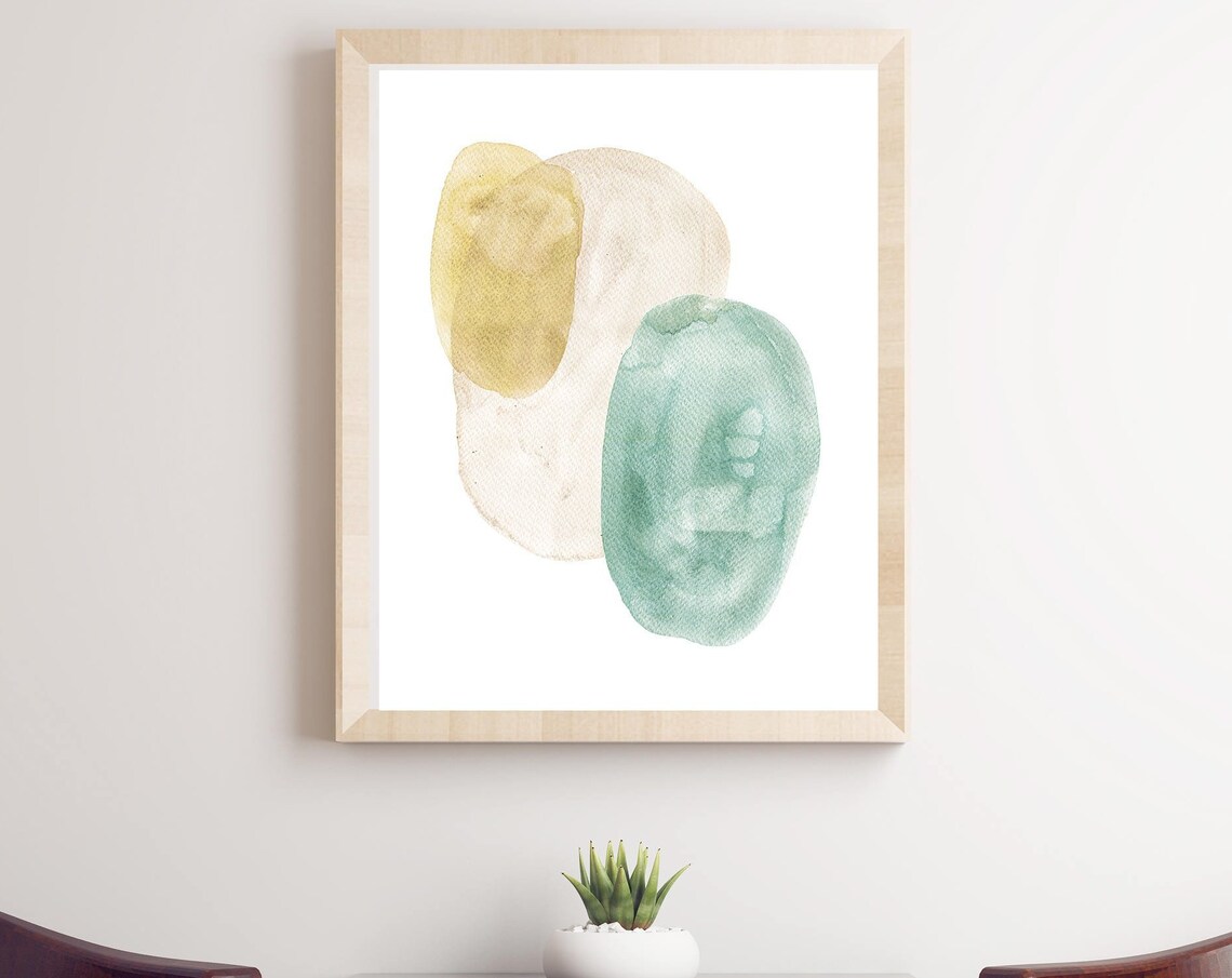 Abstract Pastel Shapes Mustard Yellow and Teal Watercolor Art Poster - Image 3