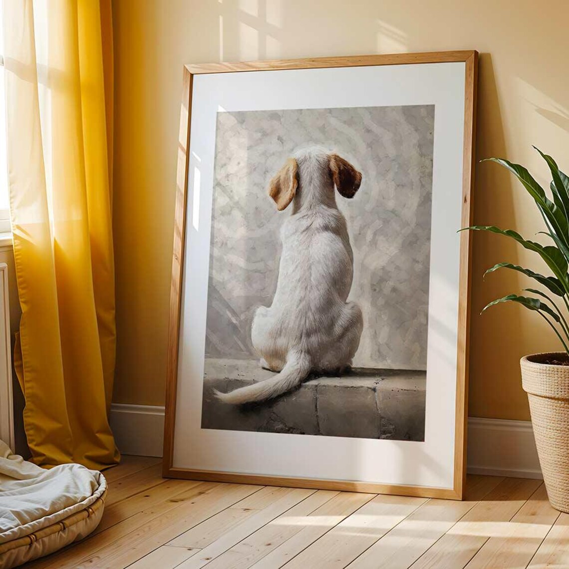 Peaceful Puppy Dog Sitting On Steps Soft Watercolor Style Animal Painting Poster