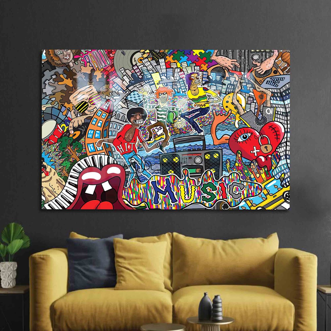Colorful Music Graffiti Collage Boombox Piano Keys Decor Wall Art