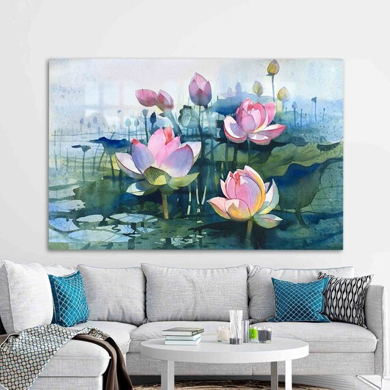Pink Lotus Flowers Watercolor Pond Serene Botanical Painting Poster