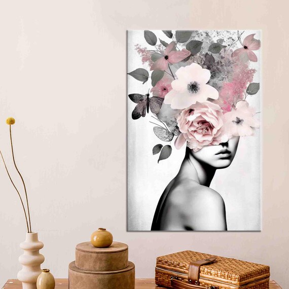 Blush Floral Woman Portrait Butterfly Modern Botanical Wall Art
