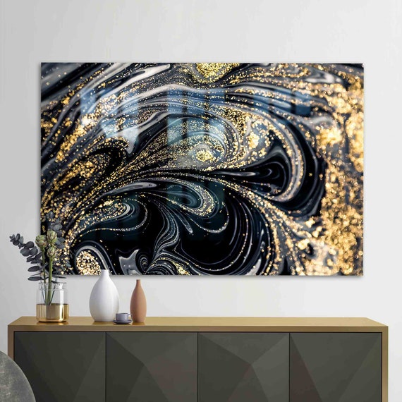 Mural Art Wall Decor Black And Gold Abstract Glass Decoration Modern Printing