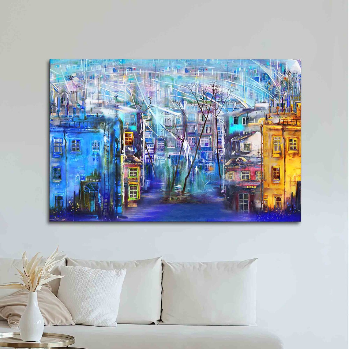 Abstract Blue Yellow City Street Night Expressionist Painting Wall Art