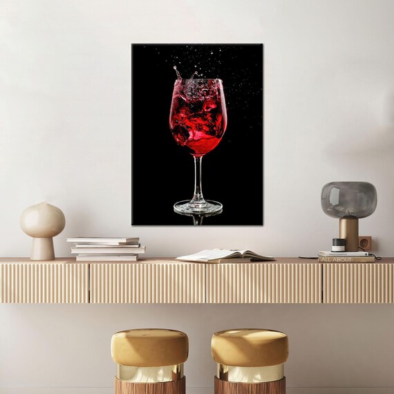 Dramatic Red Wine Glass Splash Black Background Modern Bar Wall Art