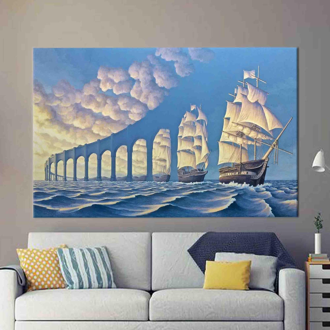 Surreal Tall Ships Ocean Cloudscape Optical Illusion Bridge Art Poster