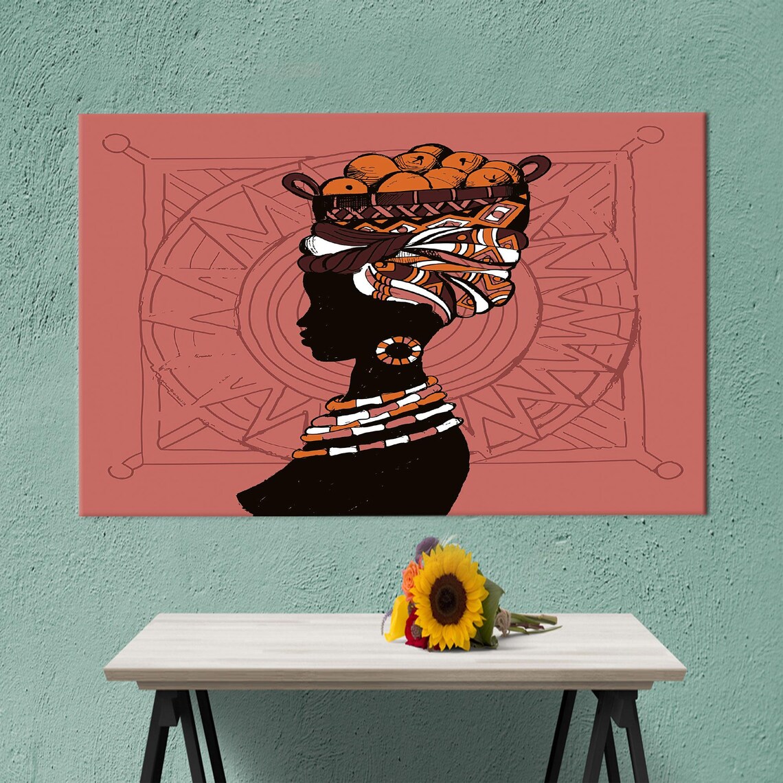 African Woman Tribal Silhouette Fruit Basket Colorful Cultural Art Poster