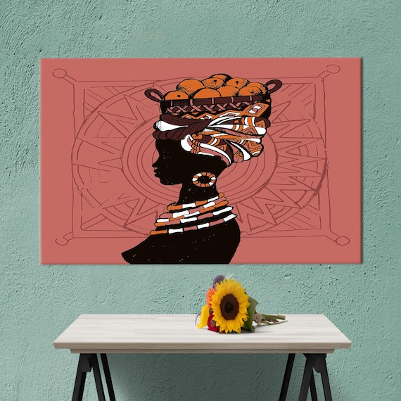 African Woman Tribal Silhouette Fruit Basket Colorful Cultural Art Poster