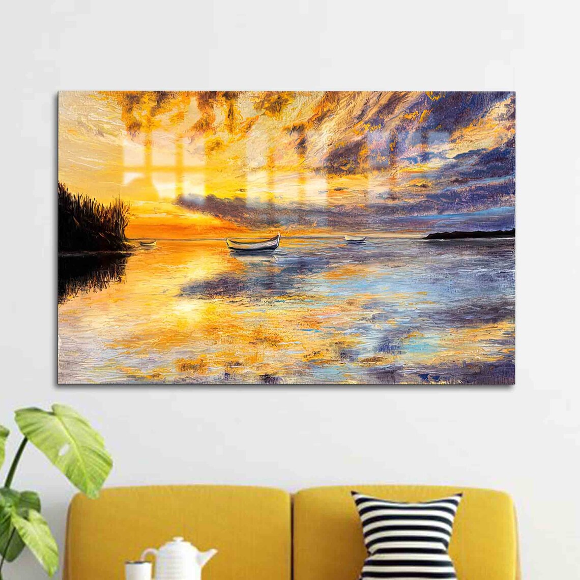 Fiery Abstract Sunset Seascape Golden Waves Sailboat Art Poster